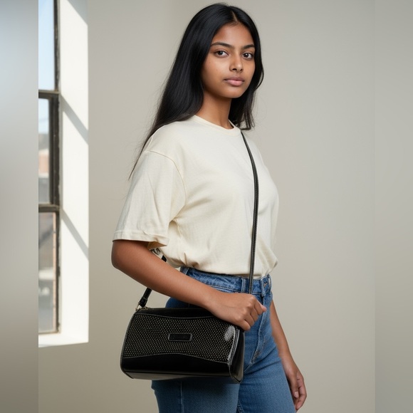 Dooney & Bourke All Leather Black & Gold Polka Dot Design Crossb… - Picture 2 of 15